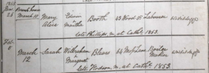 Birth and baptism record for Sarah Blears